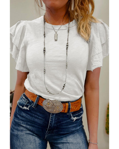 White Layered Ruffle Short Sleeve Round Neck Top - S