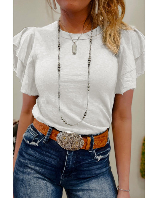 White Layered Ruffle Short Sleeve Round Neck Top - S