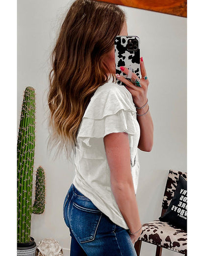White Layered Ruffle Short Sleeve Round Neck Top - S
