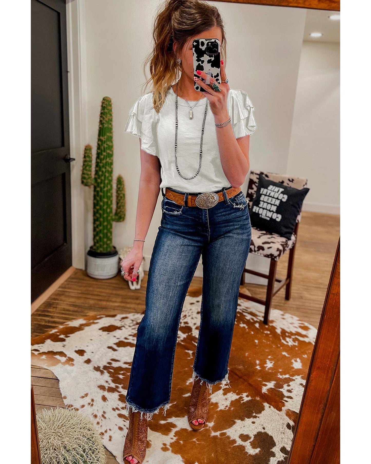 White Layered Ruffle Short Sleeve Round Neck Top - S