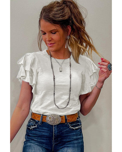 White Layered Ruffle Short Sleeve Round Neck Top - S