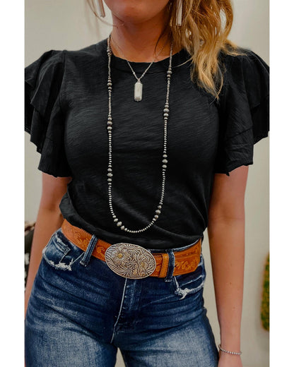 Black Layered Ruffle Short Sleeve Round Neck Top - S