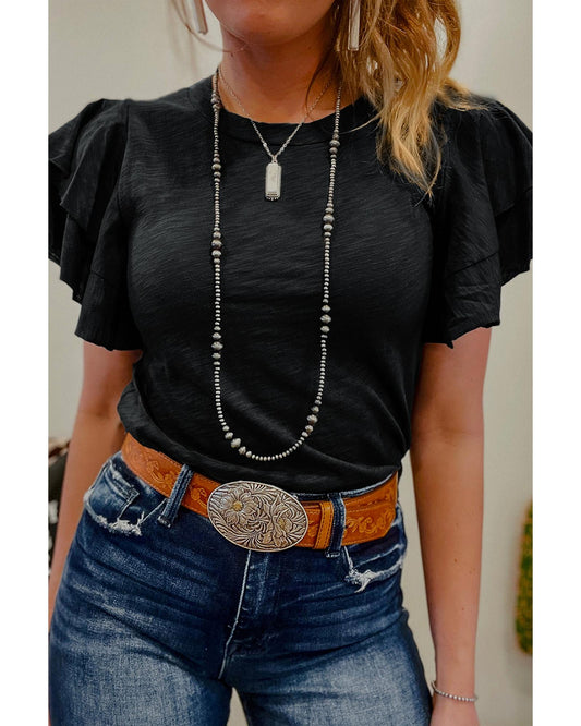 Black Layered Ruffle Short Sleeve Round Neck Top - S