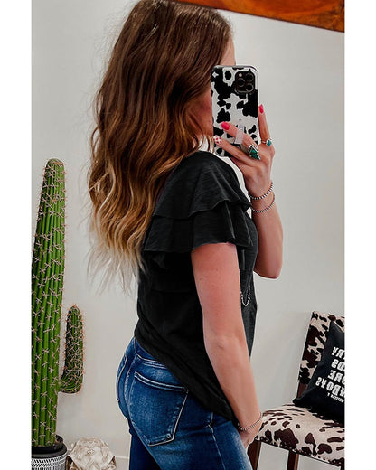 Black Layered Ruffle Short Sleeve Round Neck Top - S