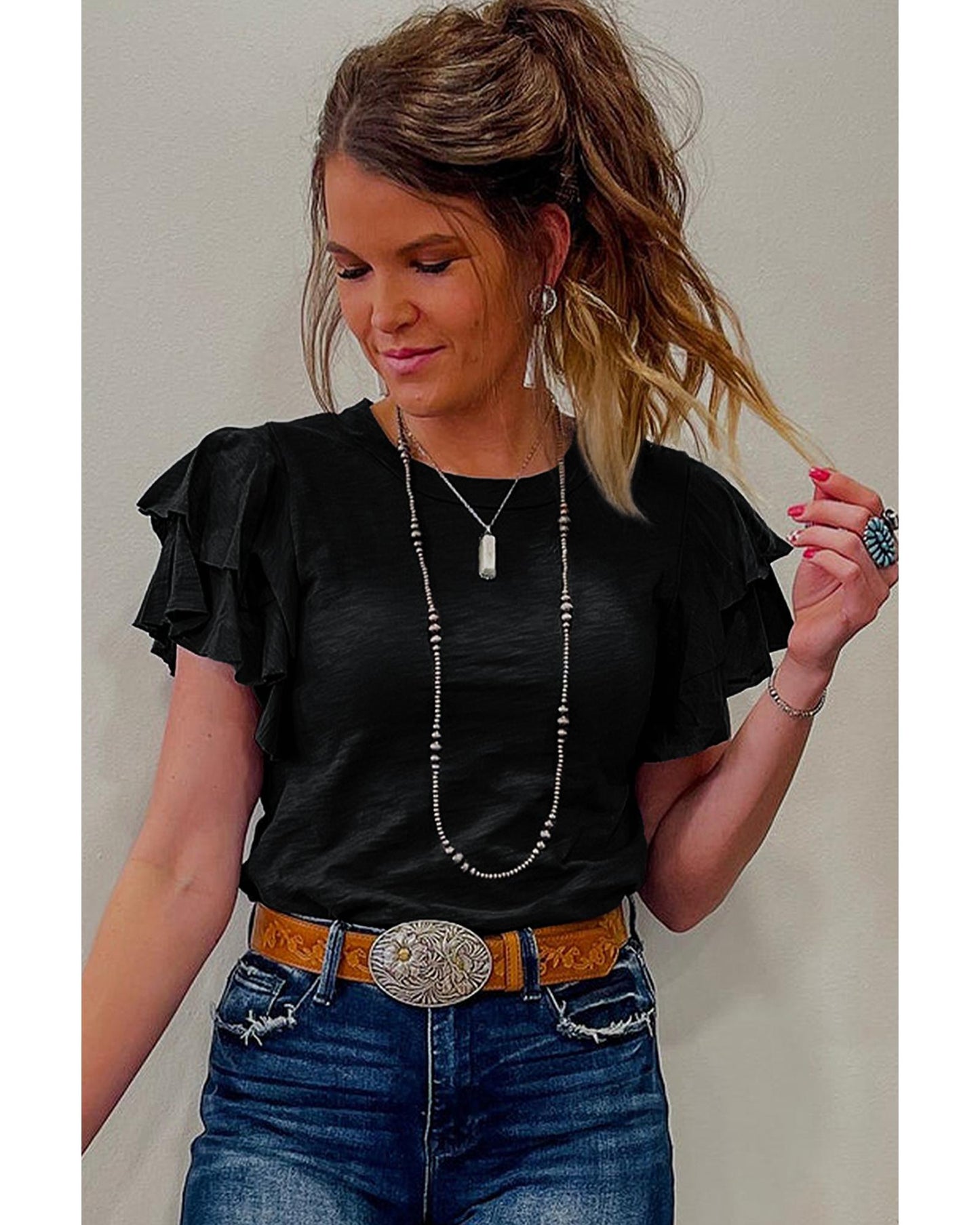 Black Layered Ruffle Short Sleeve Round Neck Top - S