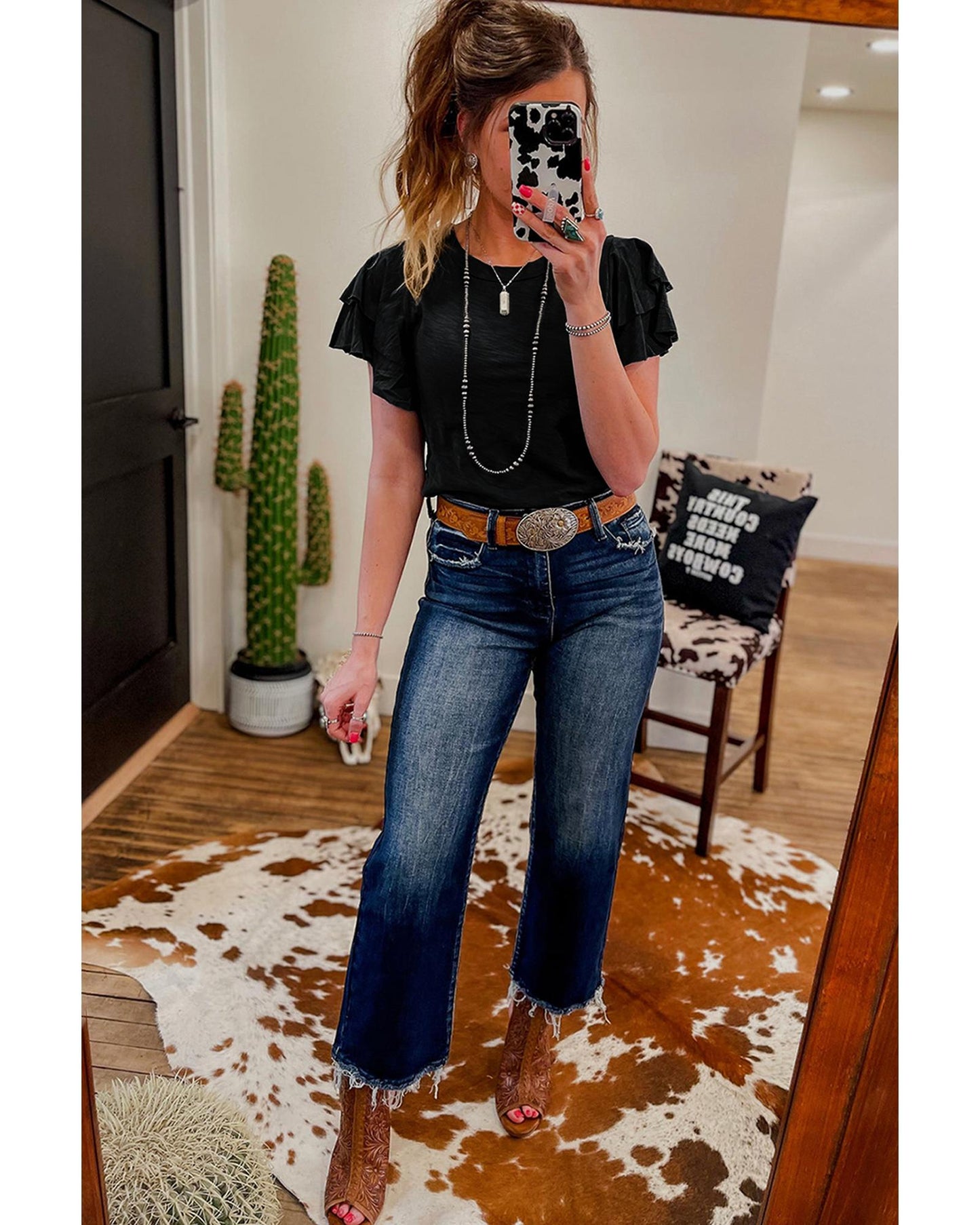 Black Layered Ruffle Short Sleeve Round Neck Top - S