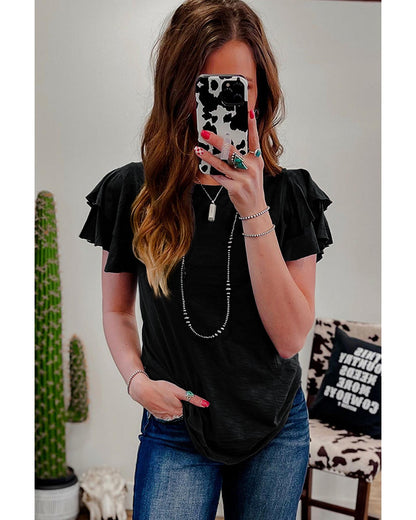Black Layered Ruffle Short Sleeve Round Neck Top - S