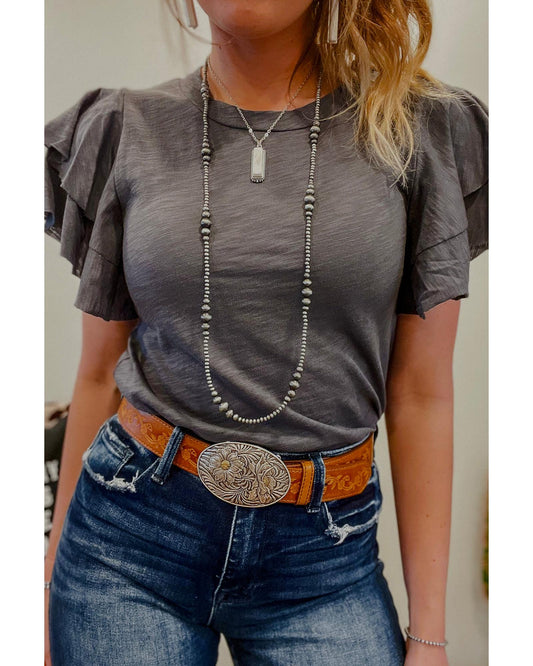 Dark Grey Layered Ruffle Short Sleeve Round Neck Top - M