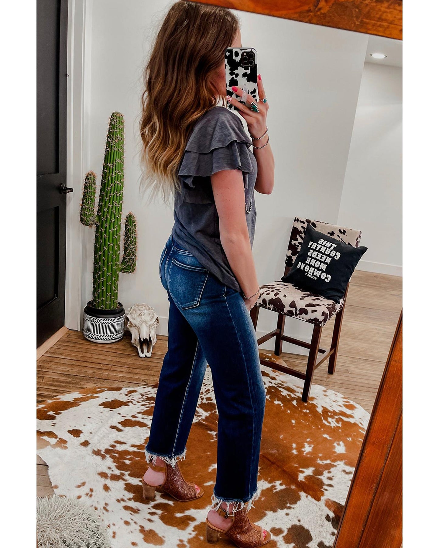 Dark Grey Layered Ruffle Short Sleeve Round Neck Top - M