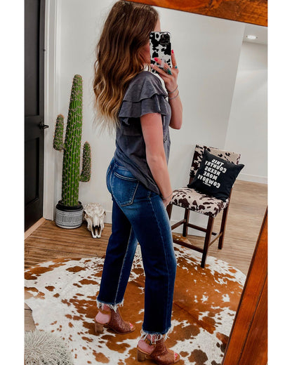 Dark Grey Layered Ruffle Short Sleeve Round Neck Top - M