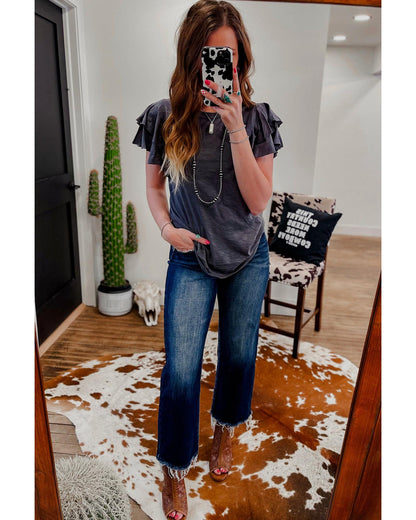 Dark Grey Layered Ruffle Short Sleeve Round Neck Top - M