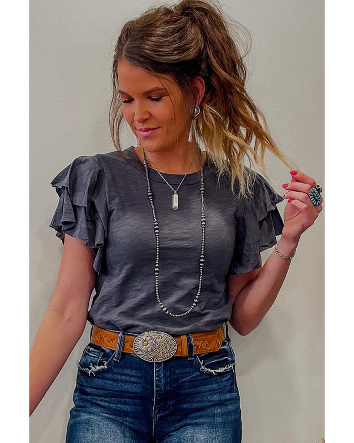 Dark Grey Layered Ruffle Short Sleeve Round Neck Top - M