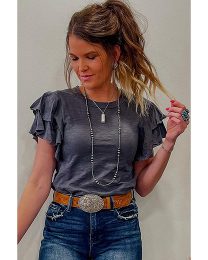 Dark Grey Layered Ruffle Short Sleeve Round Neck Top - M