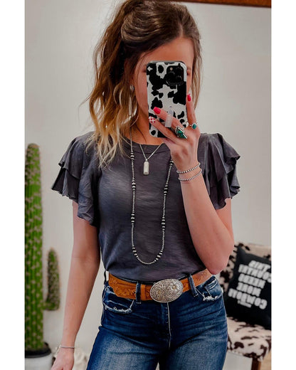 Dark Grey Layered Ruffle Short Sleeve Round Neck Top - M