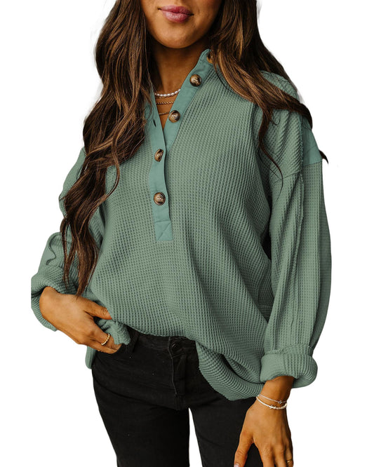 Smoke Green Waffle Long Sleeve Collar Half Button Loose Top - XL