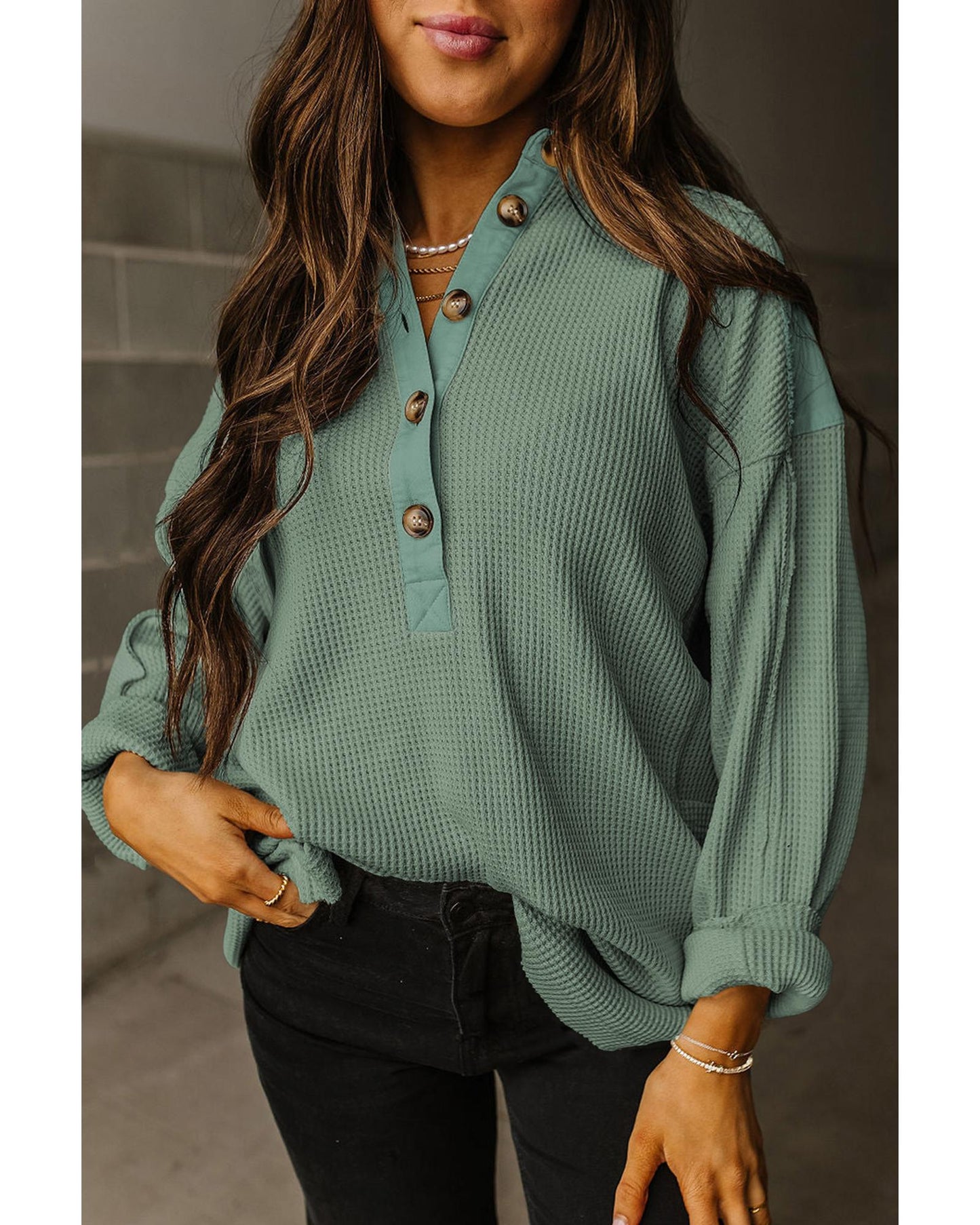 Smoke Green Waffle Long Sleeve Collar Half Button Loose Top - XL