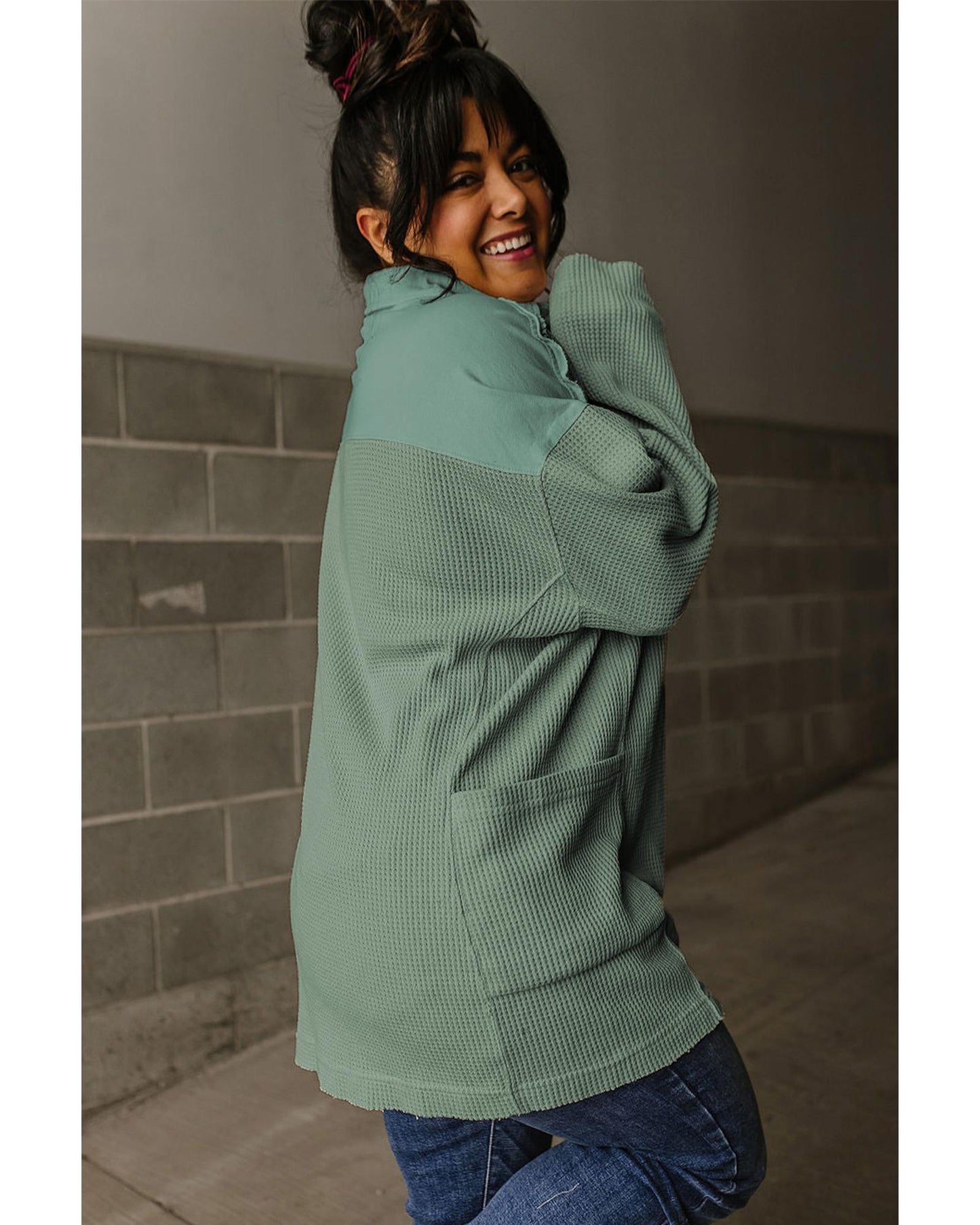 Smoke Green Waffle Long Sleeve Collar Half Button Loose Top - XL