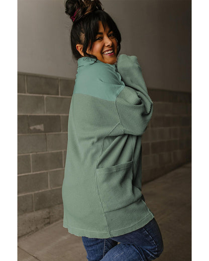 Smoke Green Waffle Long Sleeve Collar Half Button Loose Top - XL