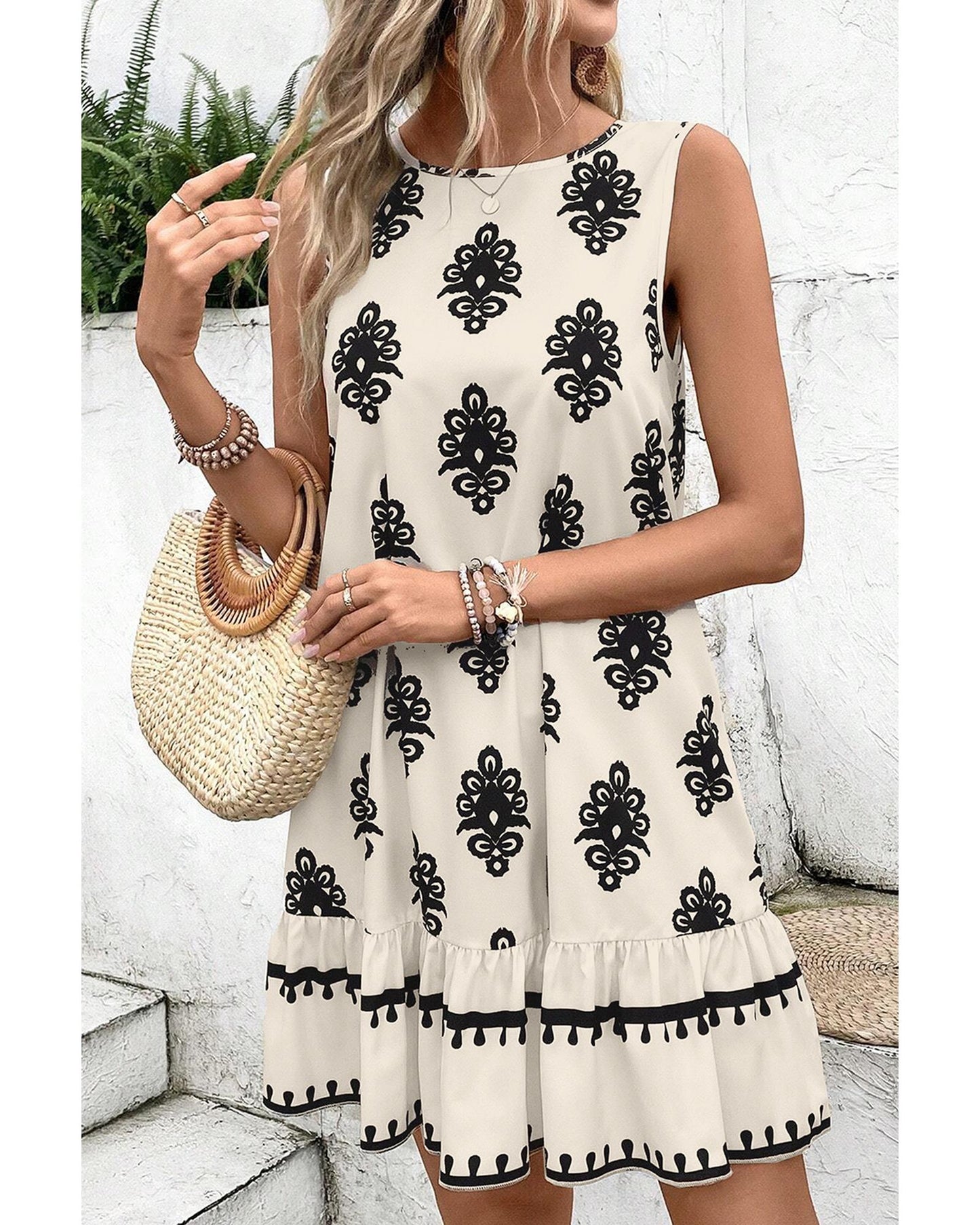 Beige Geometric Printed Sleeveless Hollowed Bowknot Back Mini Dress - S