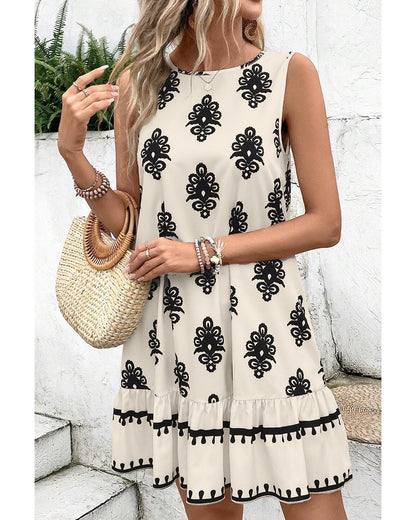 Beige Geometric Printed Sleeveless Hollowed Bowknot Back Mini Dress - S