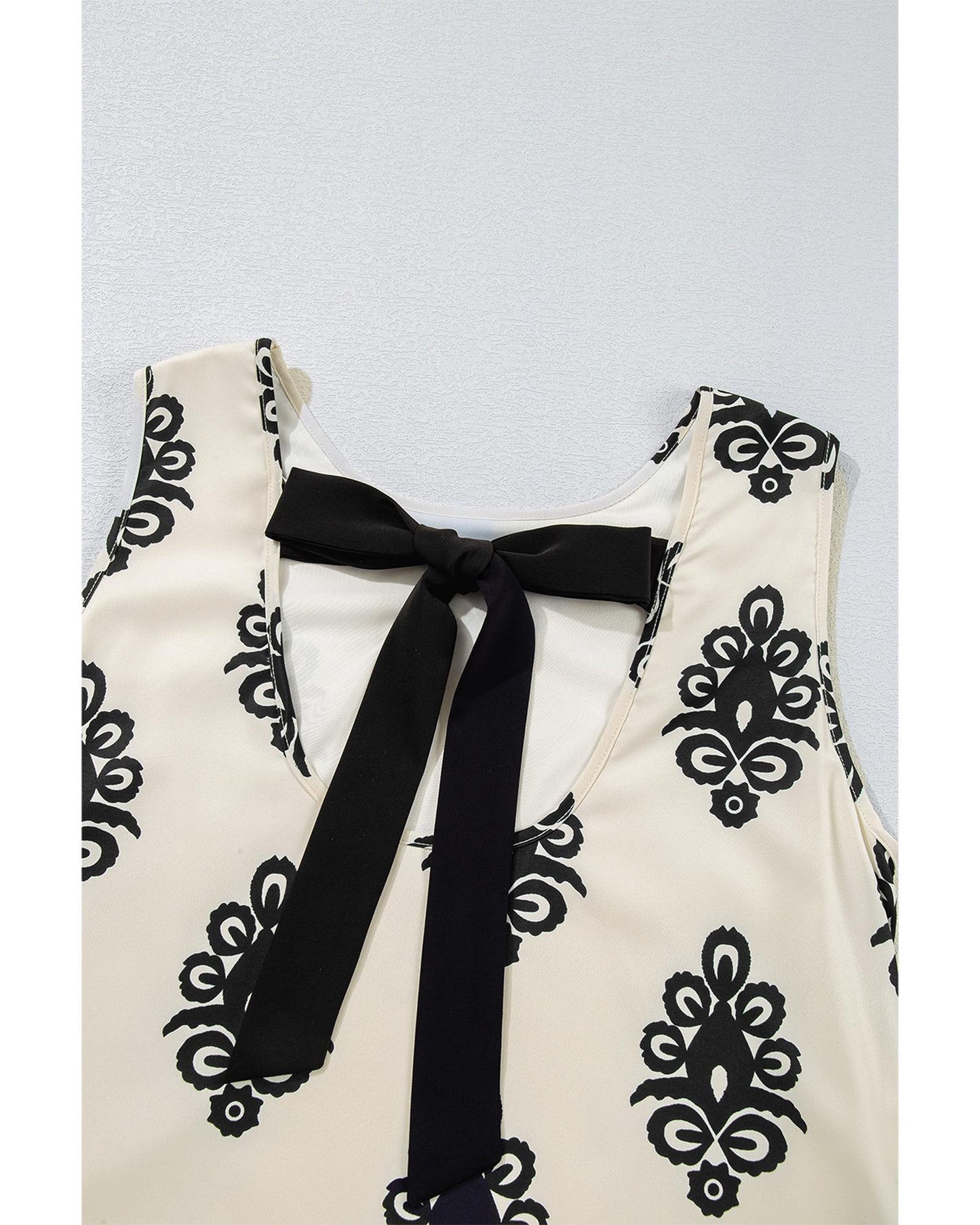 Beige Geometric Printed Sleeveless Hollowed Bowknot Back Mini Dress - S