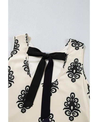 Beige Geometric Printed Sleeveless Hollowed Bowknot Back Mini Dress - S