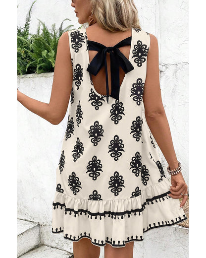 Beige Geometric Printed Sleeveless Hollowed Bowknot Back Mini Dress - S