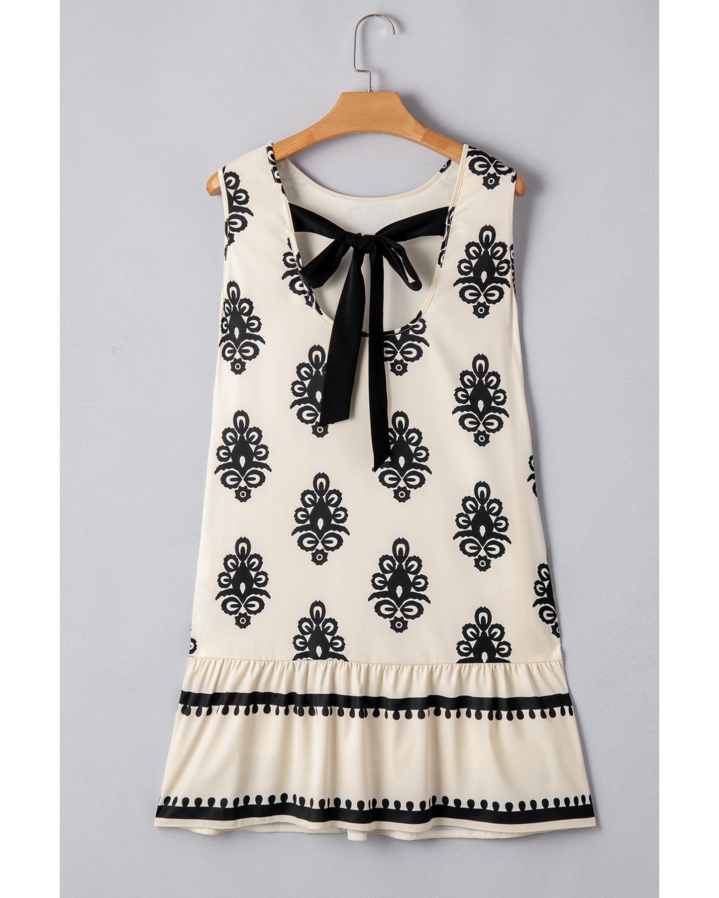 Beige Geometric Printed Sleeveless Hollowed Bowknot Back Mini Dress - S