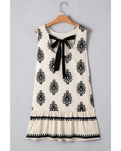 Beige Geometric Printed Sleeveless Hollowed Bowknot Back Mini Dress - S