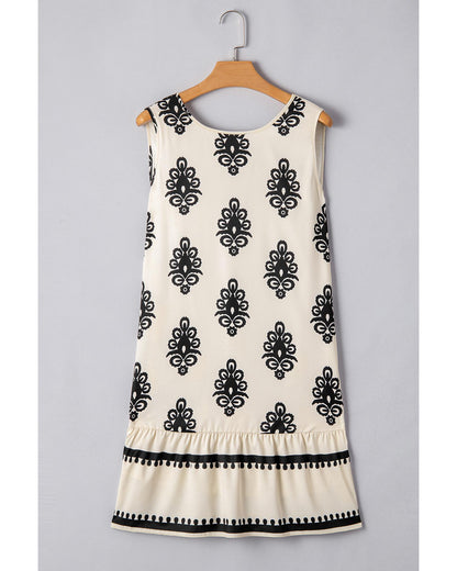 Beige Geometric Printed Sleeveless Hollowed Bowknot Back Mini Dress - S