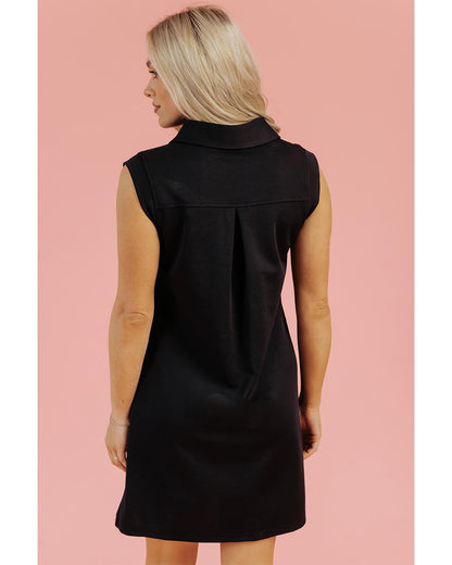 Black Solid Color Collared Slit Neck Sleeveless Mini Dress - S