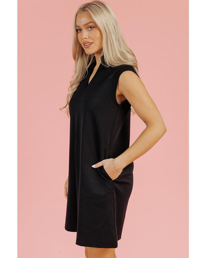 Black Solid Color Collared Slit Neck Sleeveless Mini Dress - S