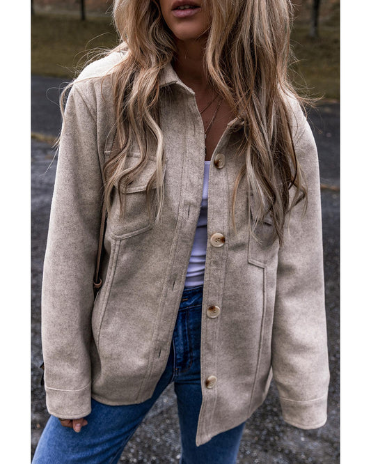 Light Grey Turn Down Collar Flap Pockets Buttoned Shacket - S