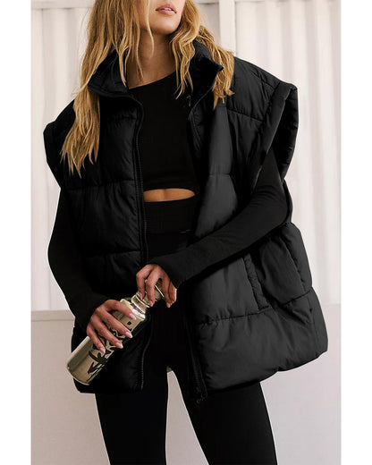 Black Solid Zipper Stand Neck Oversized Puffer Vest - M