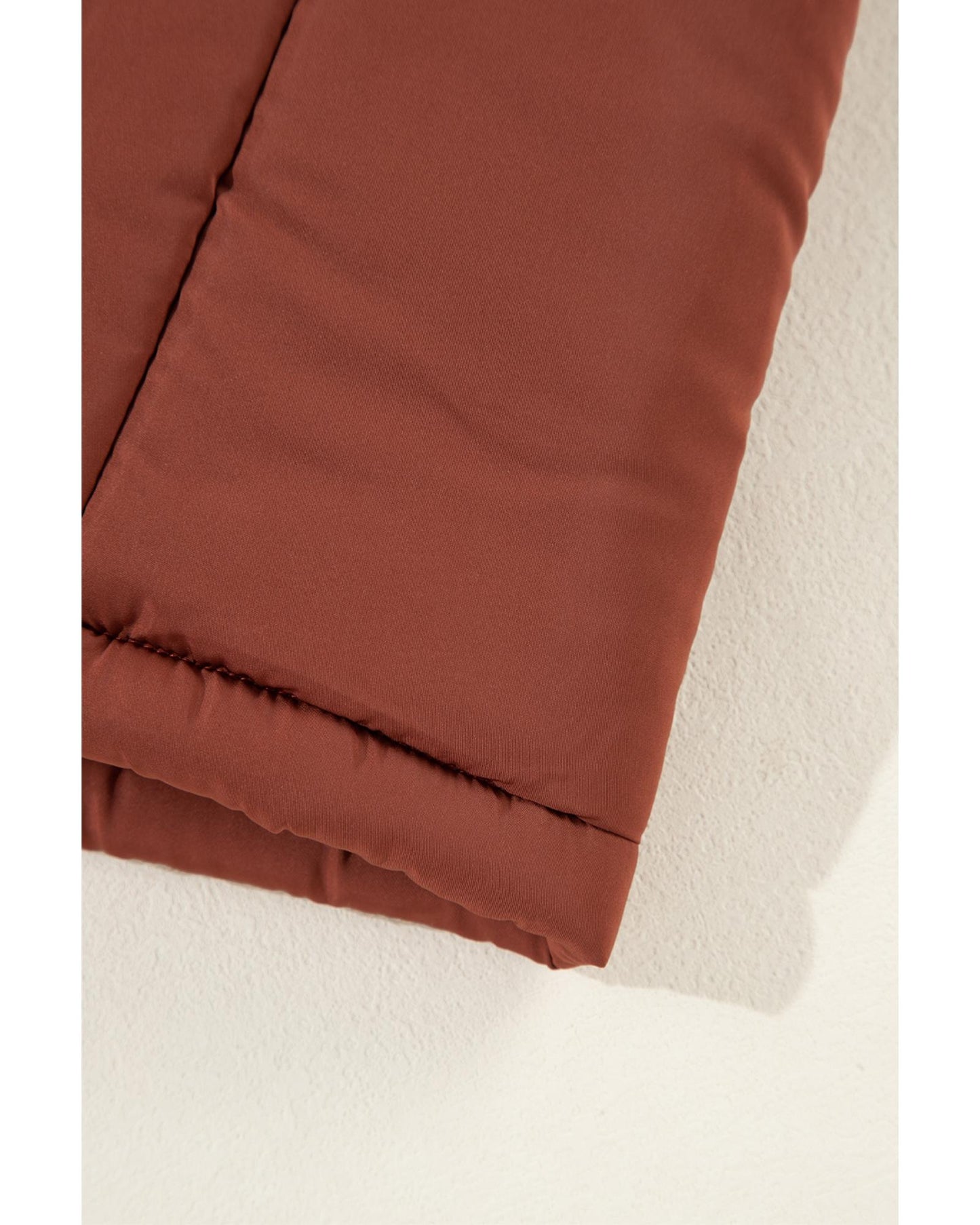 Coffee Quilted Puffer Stand Neck Zipped Mid-length Coat - S