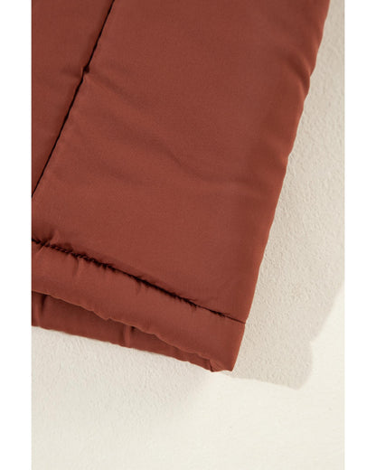 Coffee Quilted Puffer Stand Neck Zipped Mid-length Coat - S