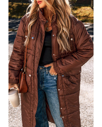 Coffee Quilted Puffer Stand Neck Zipped Mid-length Coat - S