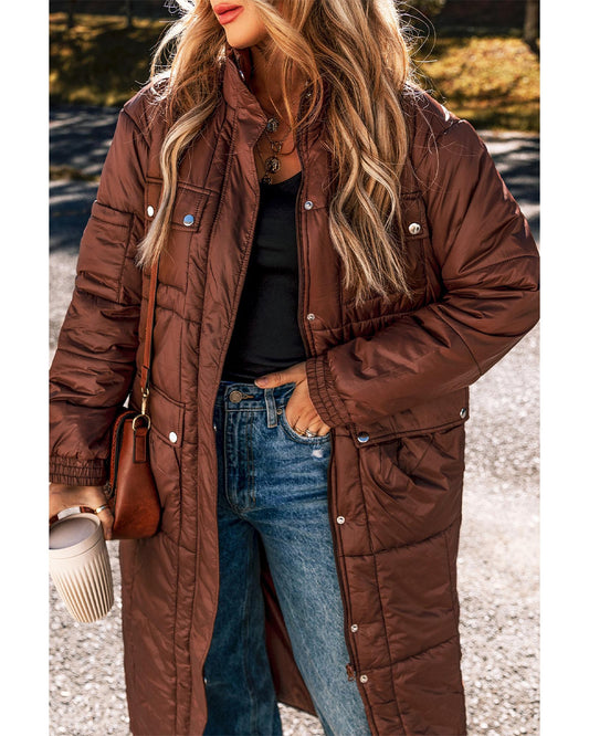 Coffee Quilted Puffer Stand Neck Zipped Mid-length Coat - S