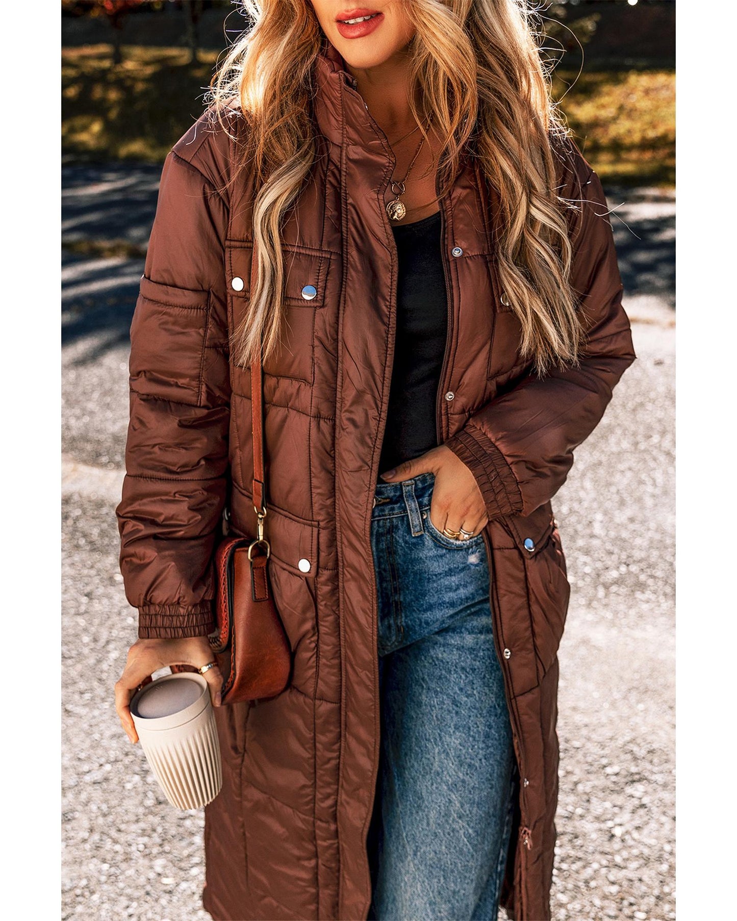 Coffee Quilted Puffer Stand Neck Zipped Mid-length Coat - S