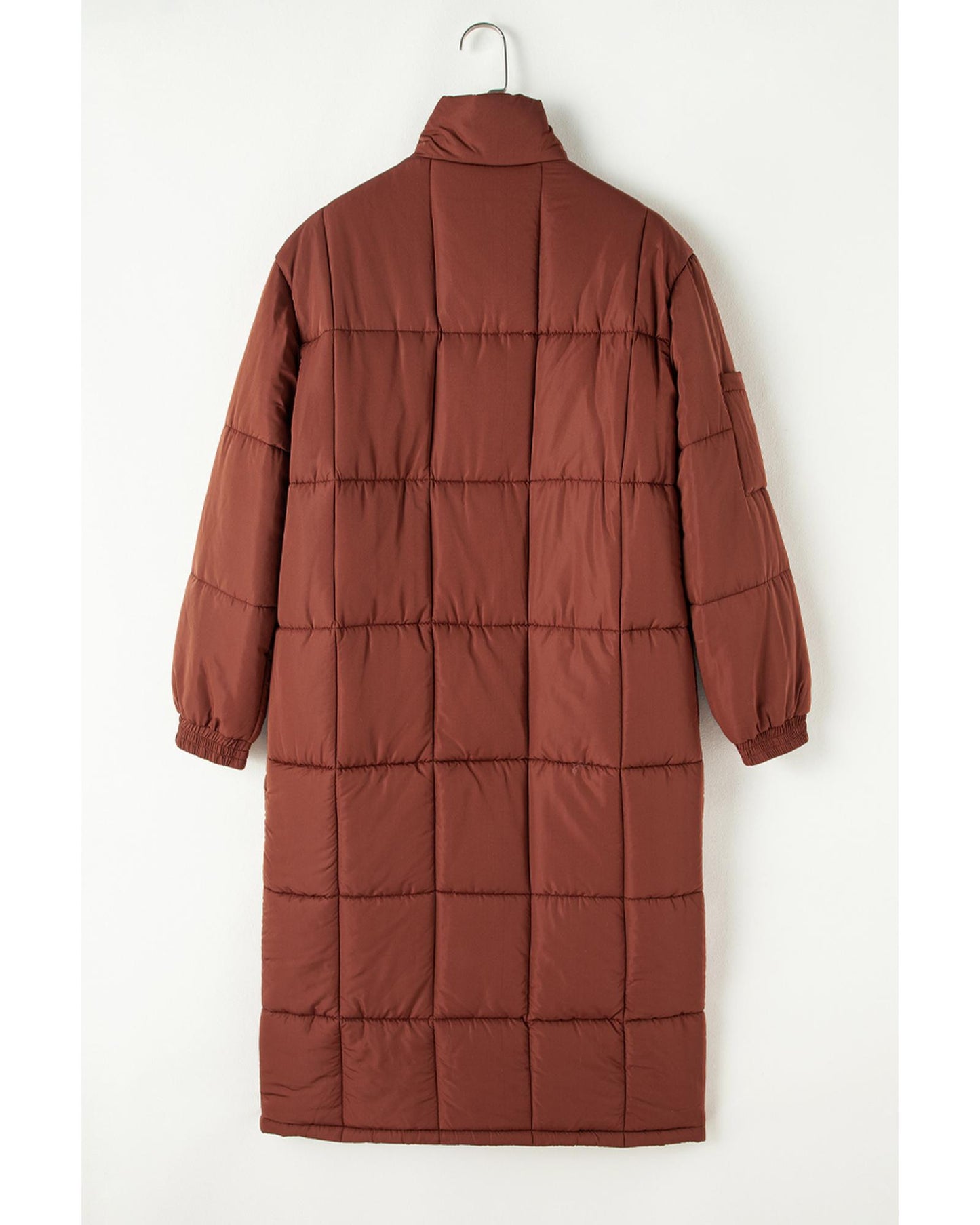 Coffee Quilted Puffer Stand Neck Zipped Mid-length Coat - S