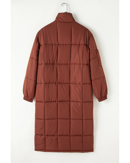 Coffee Quilted Puffer Stand Neck Zipped Mid-length Coat - S
