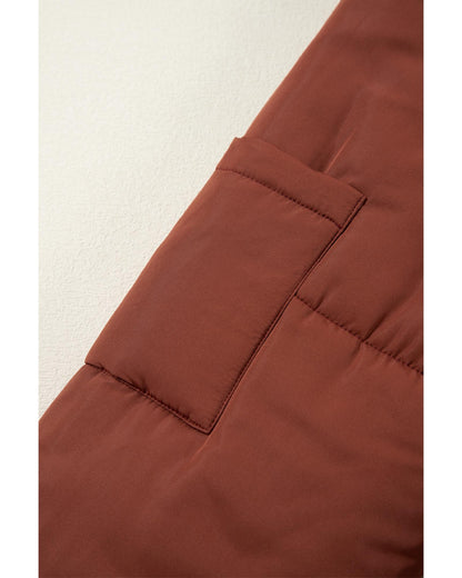 Coffee Quilted Puffer Stand Neck Zipped Mid-length Coat - S