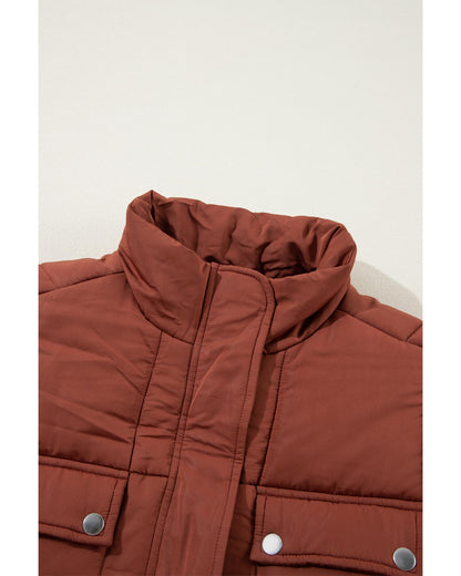 Coffee Quilted Puffer Stand Neck Zipped Mid-length Coat - S