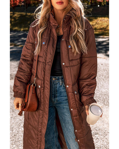Coffee Quilted Puffer Stand Neck Zipped Mid-length Coat - S