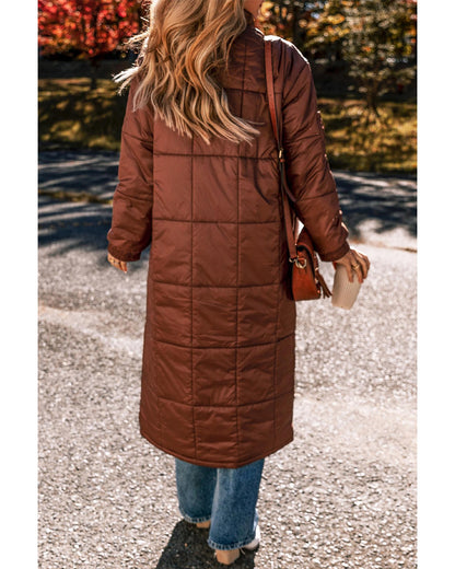 Coffee Quilted Puffer Stand Neck Zipped Mid-length Coat - S