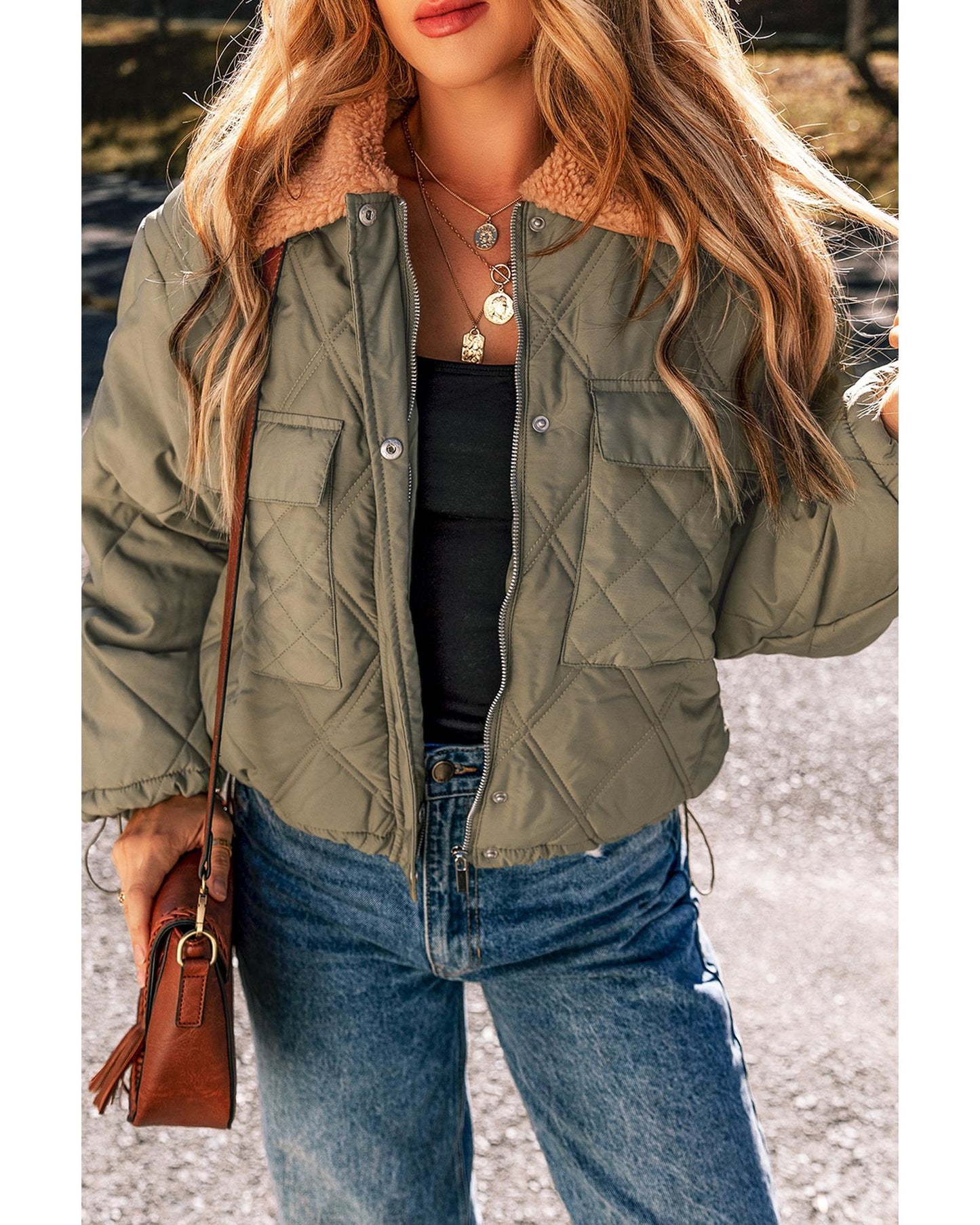 Jungle Green Teddy Collar Flap Pockets Quilted Puffer Jacket - M