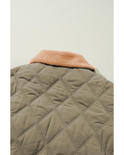 Jungle Green Teddy Collar Flap Pockets Quilted Puffer Jacket - M