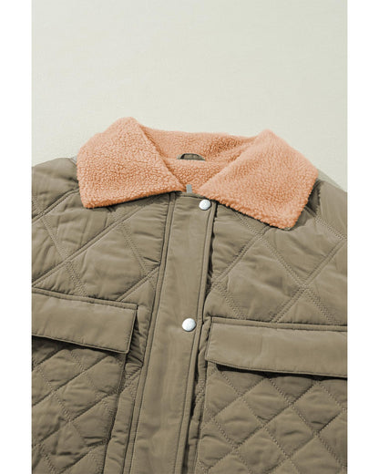Jungle Green Teddy Collar Flap Pockets Quilted Puffer Jacket - M