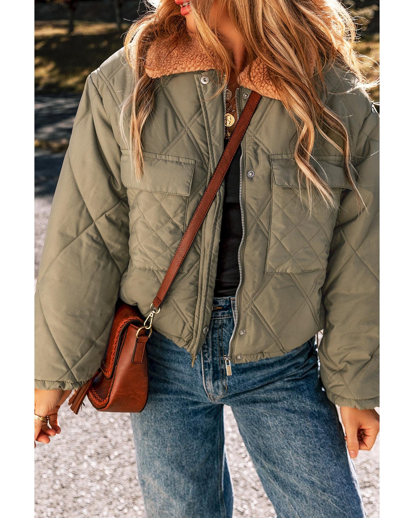 Jungle Green Teddy Collar Flap Pockets Quilted Puffer Jacket - M