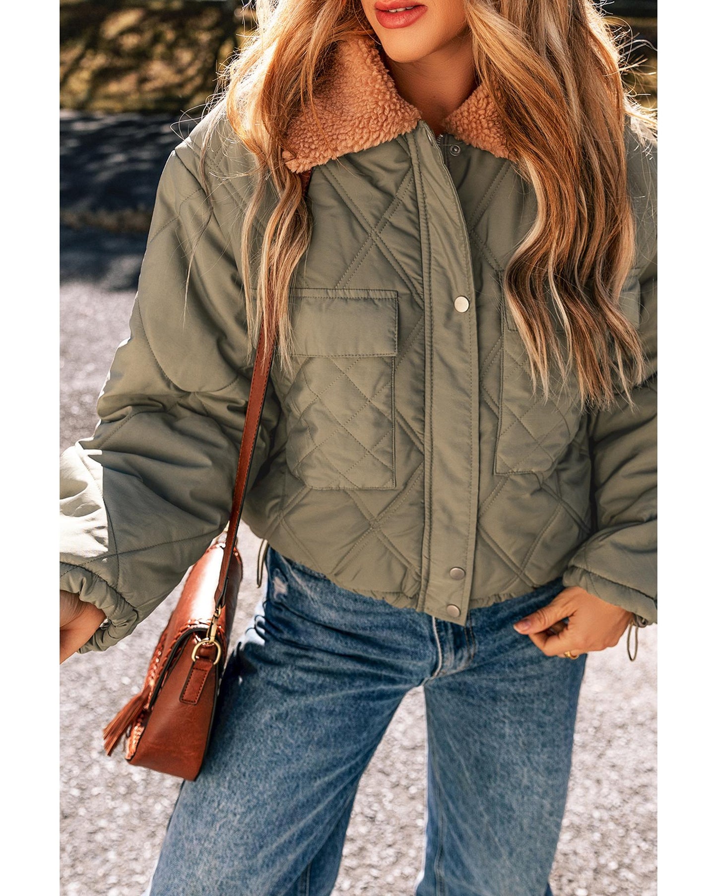 Jungle Green Teddy Collar Flap Pockets Quilted Puffer Jacket - M